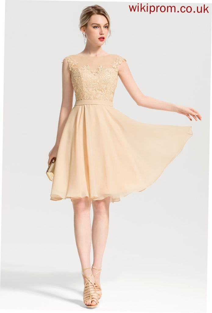 Neck Knee-Length Chiffon Cocktail Dresses Lace Scoop Appliques Cocktail Dress With Lace Diamond A-Line