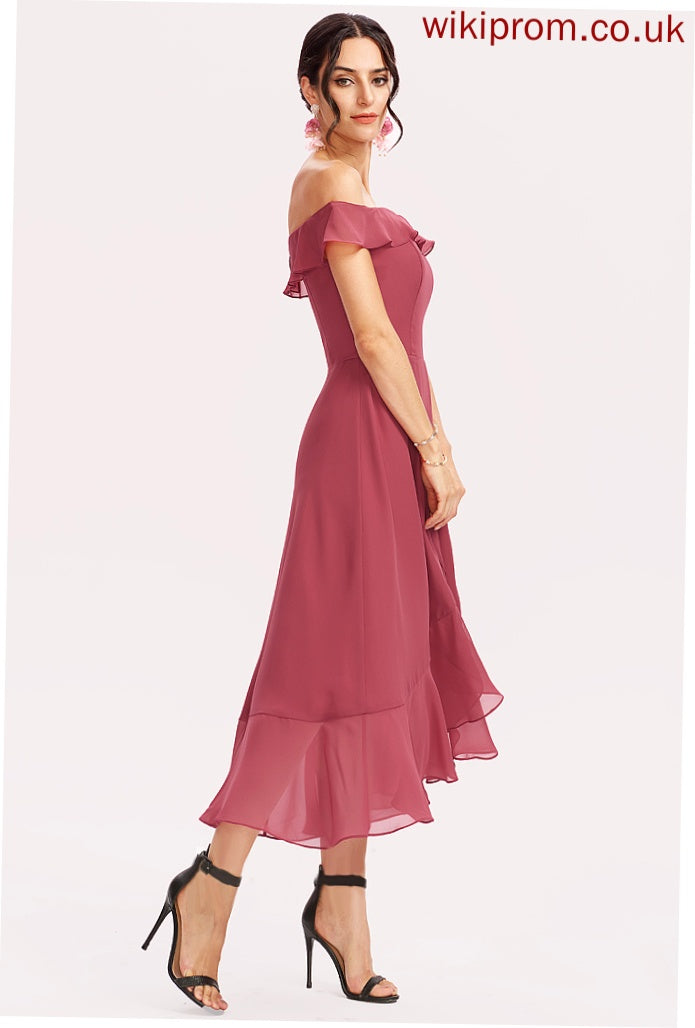 Length A-Line Silhouette CascadingRuffles Off-the-Shoulder Fabric Tea-Length Embellishment Neckline Mattie A-Line/Princess Natural Waist Bridesmaid Dresses