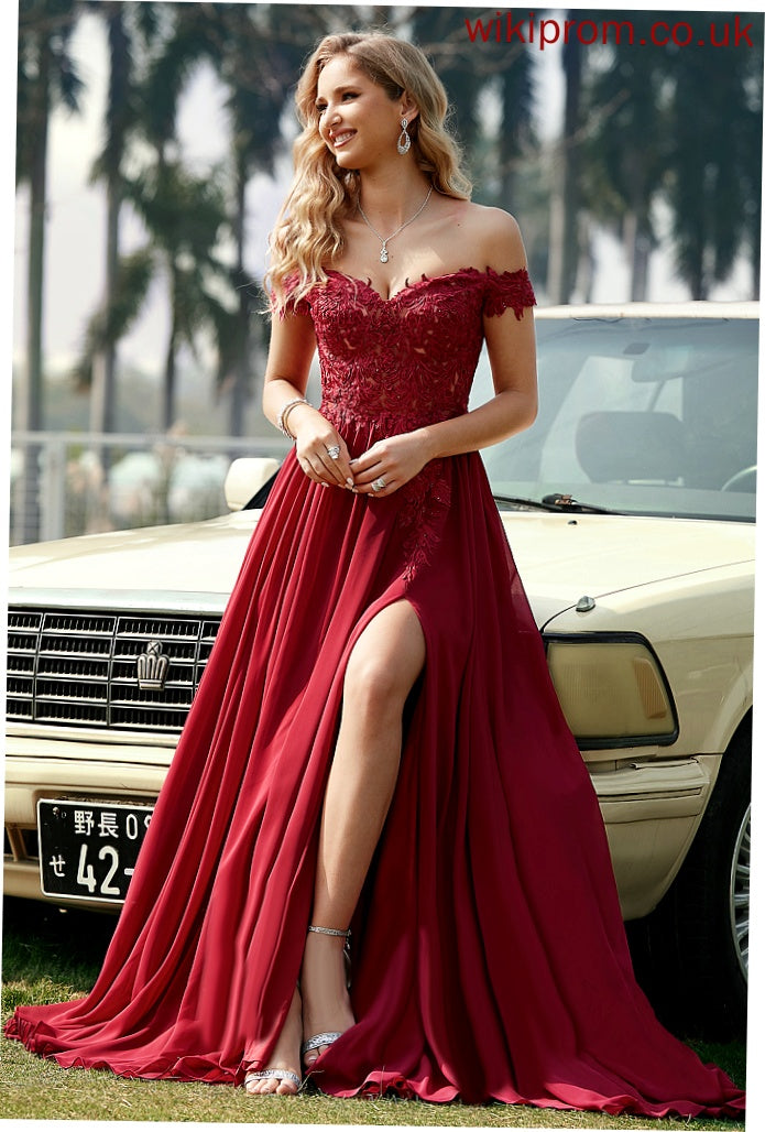 Prom Dresses Sequins Lace With Train Grace Chiffon Off-the-Shoulder A-Line Sweep