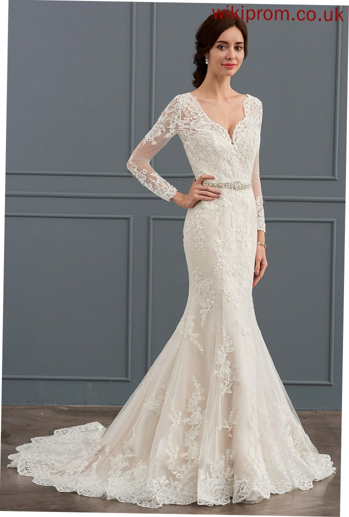 With Court Train Lace Anaya Trumpet/Mermaid Tulle Dress V-neck Wedding Dresses Wedding Beading