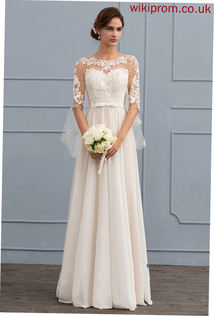 Bow(s) Dress Beading Litzy Lace With A-Line Chiffon Wedding Dresses Illusion Wedding Floor-Length Sequins