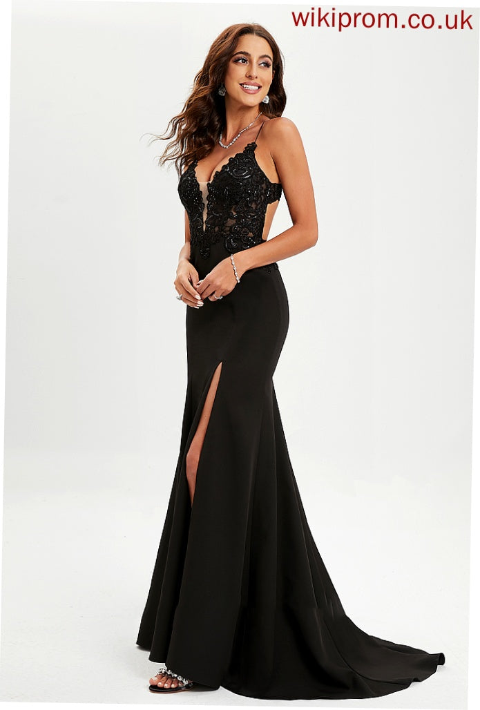 Prom Dresses Sweep Amelie Trumpet/Mermaid Crepe Train Stretch With Sequins Lace V-neck