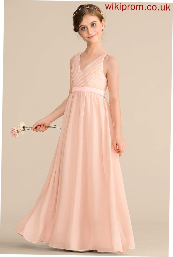 V-neck A-Line Jaylah Chiffon With Junior Bridesmaid Dresses Floor-Length Ruffle Bow(s)