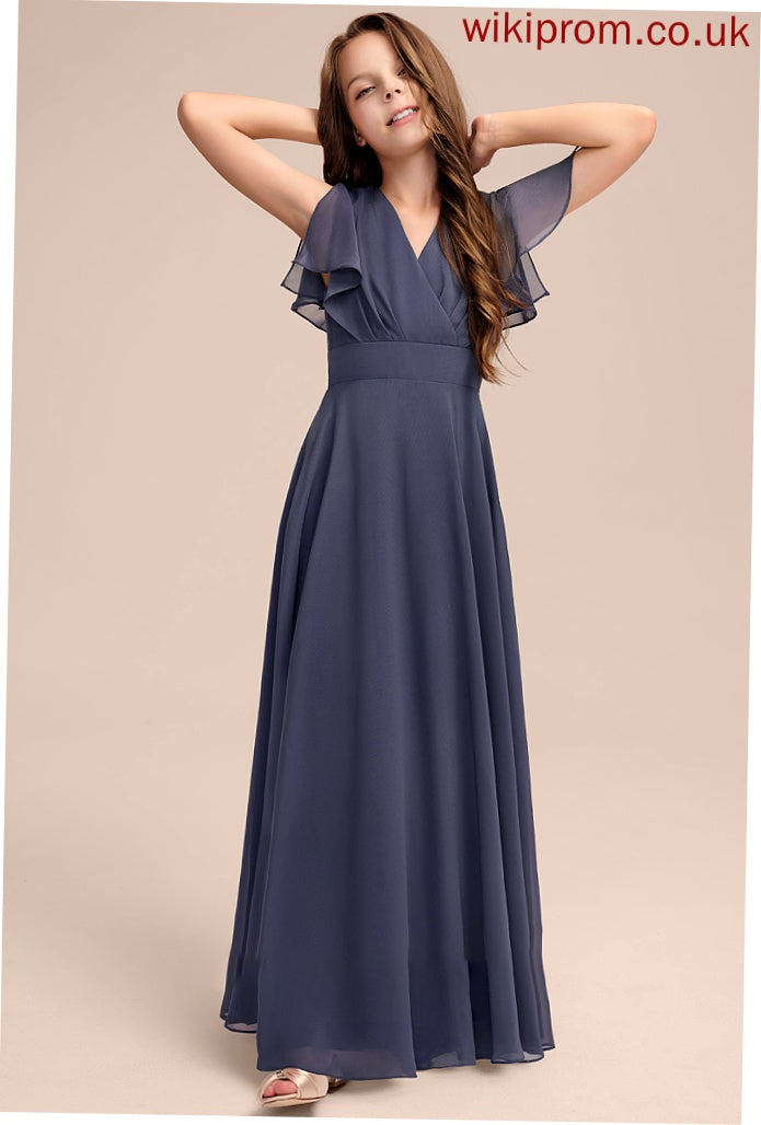 Junior Bridesmaid Dresses With Ruffle V-neck Bow(s) Chiffon Giselle A-Line Floor-Length