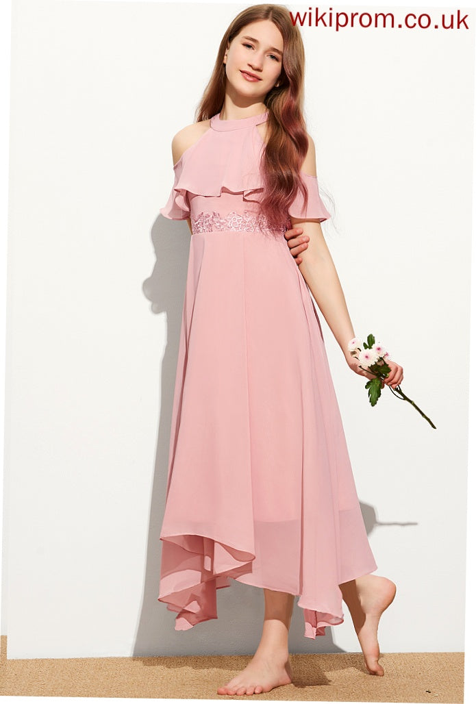 Junior Bridesmaid Dresses Lace A-Line Neck Scoop Nathaly Chiffon Tea-Length