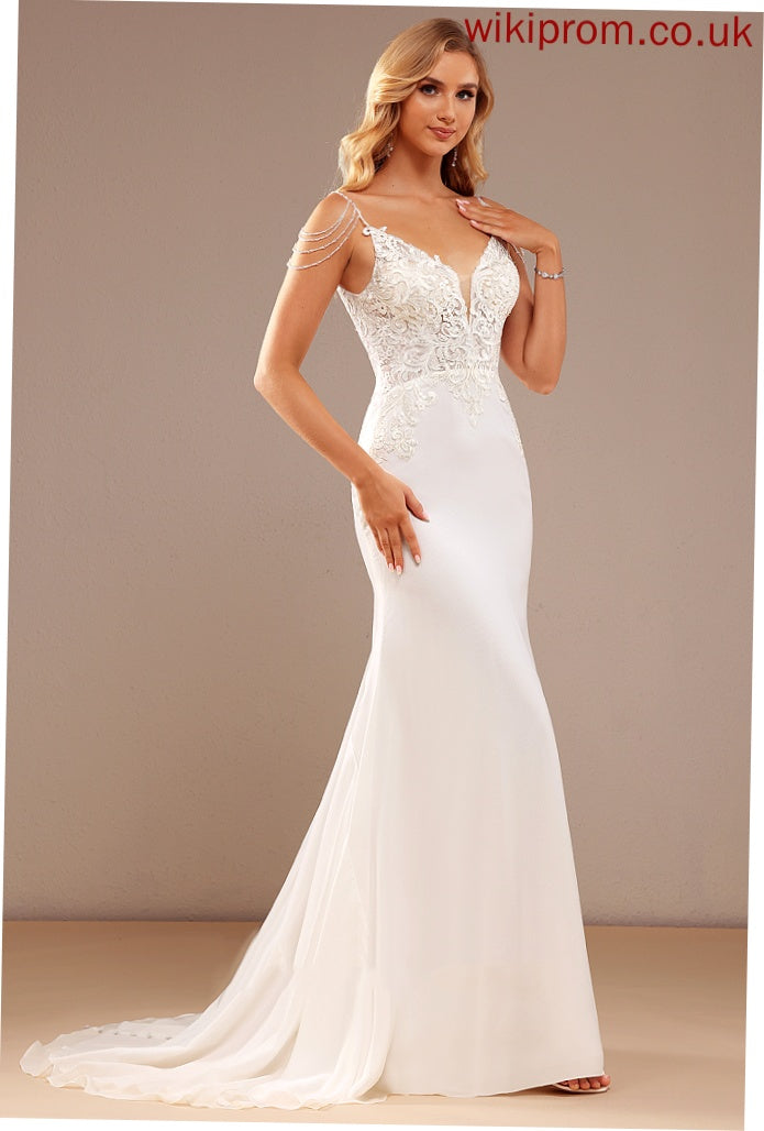 Lace Phoenix Train Wedding Lace Dress Chiffon Court Wedding Dresses Trumpet/Mermaid V-neck Beading Sequins With