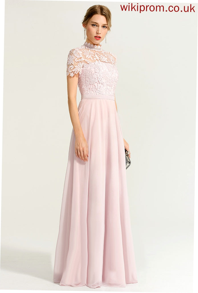 Chiffon Lace Floor-Length Yasmine Prom Dresses Neck High A-Line Illusion