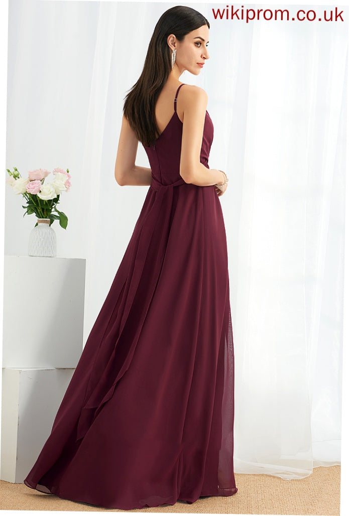 Silhouette A-Line Length Ruffle SplitFront Floor-Length Fabric Embellishment Neckline V-neck Winifred Natural Waist Bridesmaid Dresses