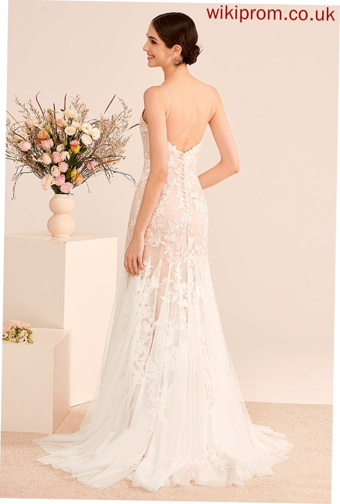 With Tulle Johanna Train Dress V-neck Trumpet/Mermaid Wedding Wedding Dresses Lace Court Lace