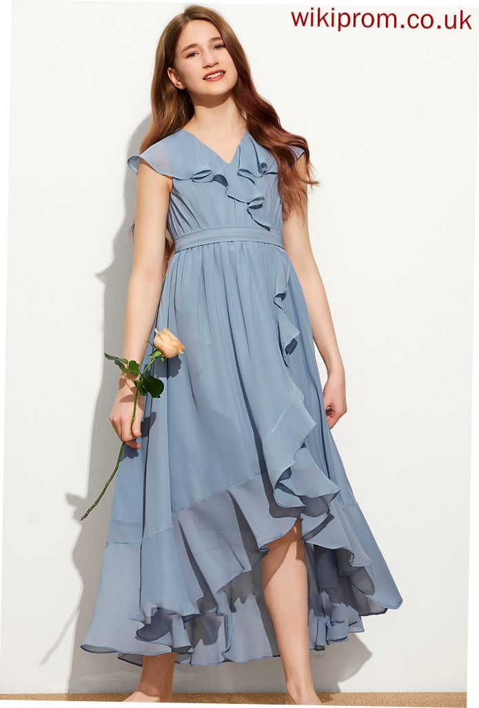 Chiffon Bow(s) Ruffles Cascading V-neck With A-Line Vivien Junior Bridesmaid Dresses Asymmetrical