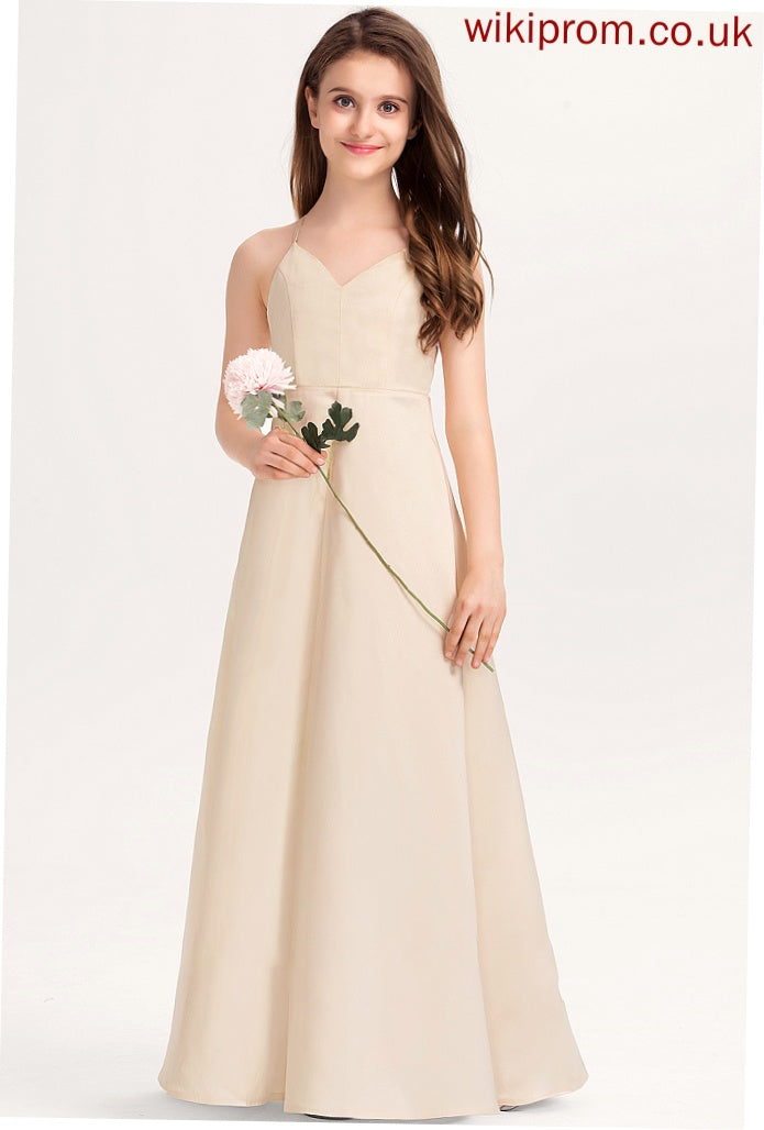 Junior Bridesmaid Dresses With Pockets Janessa A-Line Satin Floor-Length V-neck