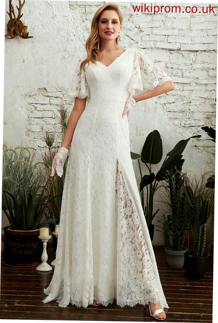 Wedding Dresses Sweep Lace Dress With Train Sheath/Column V-neck Split Front Paris Wedding