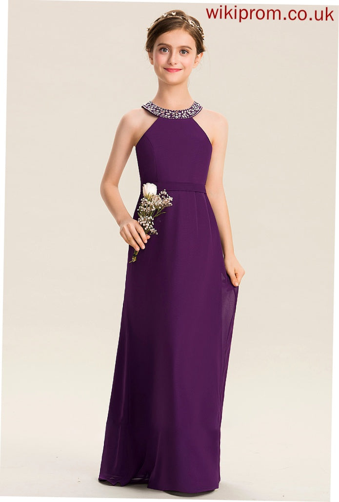 Floor-Length Beading A-Line With Scoop Hazel Neck Bow(s) Chiffon Junior Bridesmaid Dresses