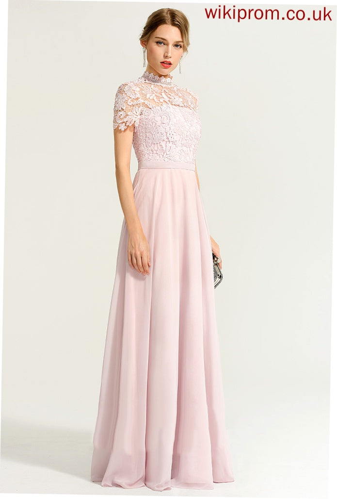 Floor-Length Chiffon Prom Dresses High With Lace Sequins Alisha Neck A-Line