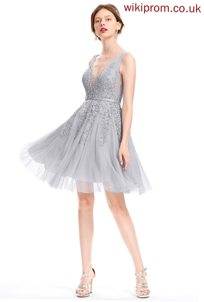 V-neck Sequins A-Line Homecoming Lace Tulle Homecoming Dresses Sophie Knee-Length Beading Dress With