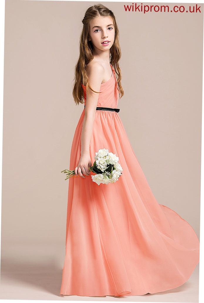 Junior Bridesmaid Dresses With Floor-Length A-Line Chiffon Morgan Ruffle One-Shoulder Bow(s)