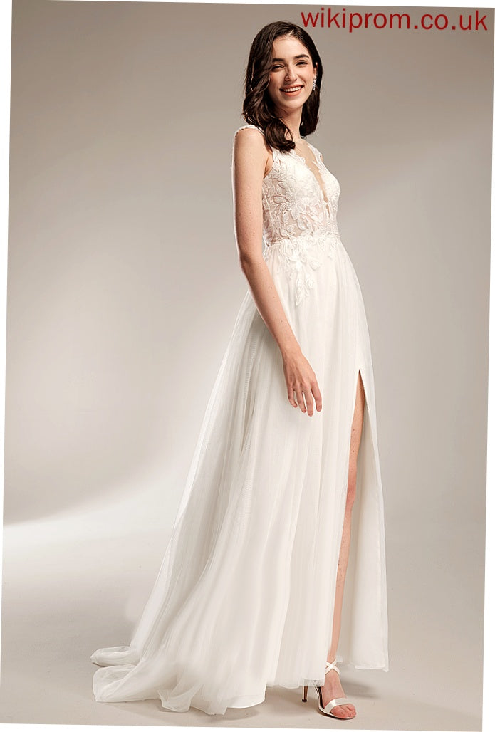 With Sequins Wedding Dresses V-neck Train Pat Tulle Dress A-Line Lace Wedding Court