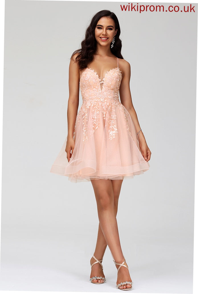 With Short/Mini Homecoming Lace A-Line Tulle V-neck Dress Sequins Madilynn Homecoming Dresses