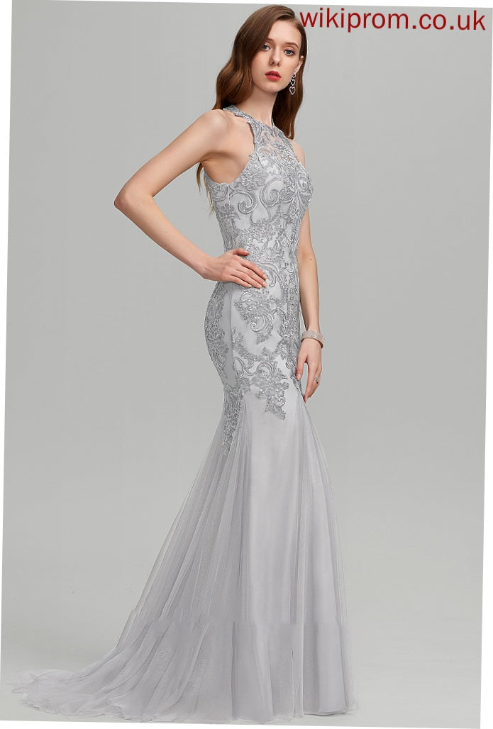 Sweep Scoop Neck Trumpet/Mermaid Sequins With Tulle Train Jaylene Prom Dresses