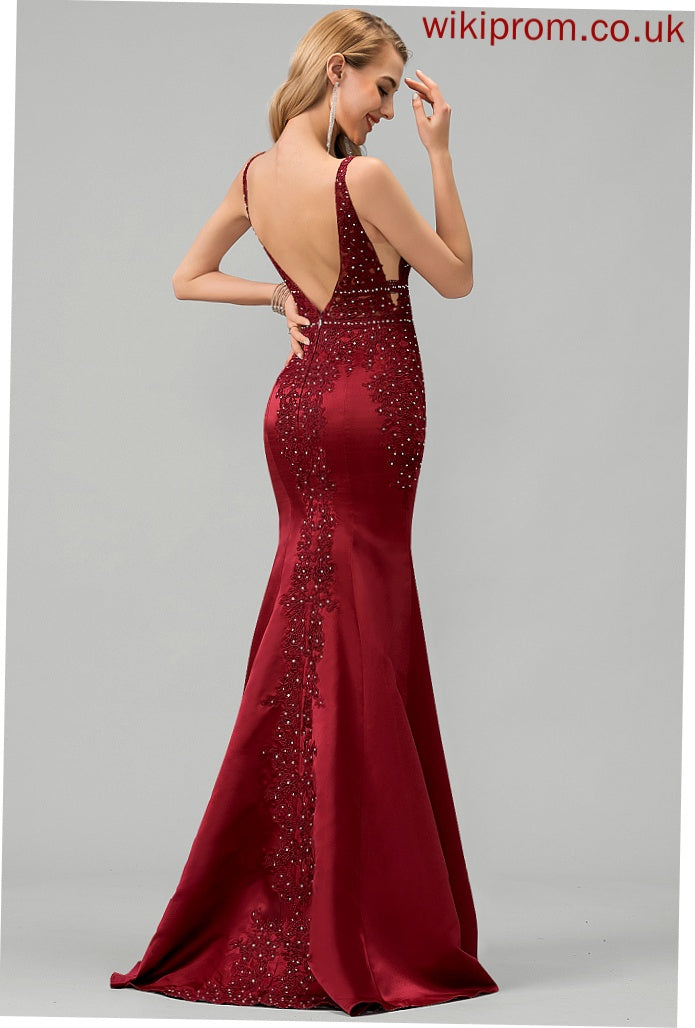 Sequins Prom Dresses V-neck With Lace Satin Train Alyson Trumpet/Mermaid Beading Sweep