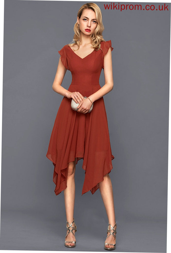 A-Line Holly V-neck With Ruffles Asymmetrical Cascading Cocktail Dresses Dress Chiffon Cocktail