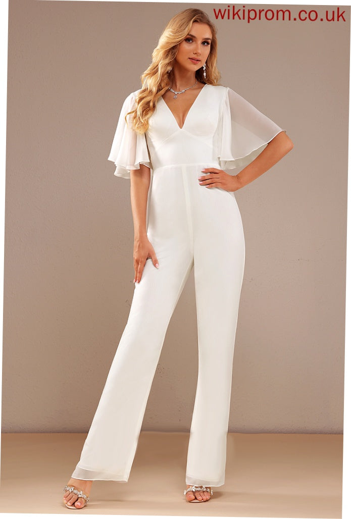 V-neck Wedding Sherlyn Jumpsuit/Pantsuit With Wedding Dresses Chiffon Ruffle Dress Floor-Length