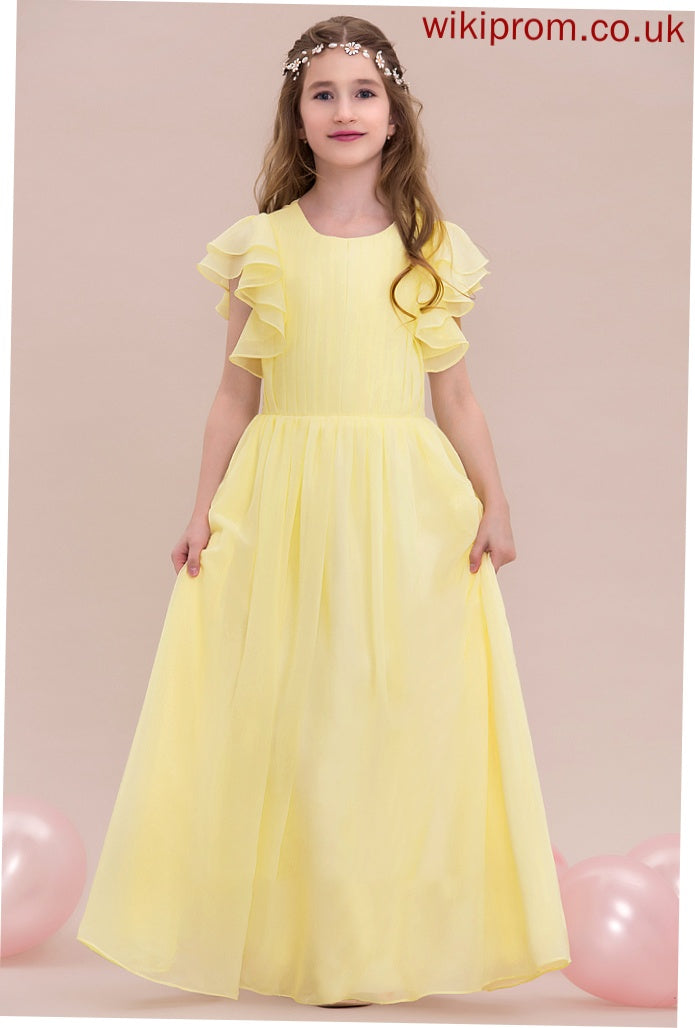 Junior Bridesmaid Dresses A-LineScoopNeckFloor-LengthChiffonJuniorBridesmaidDressWithRuffleCascadingRuffles#123850 Kimberly