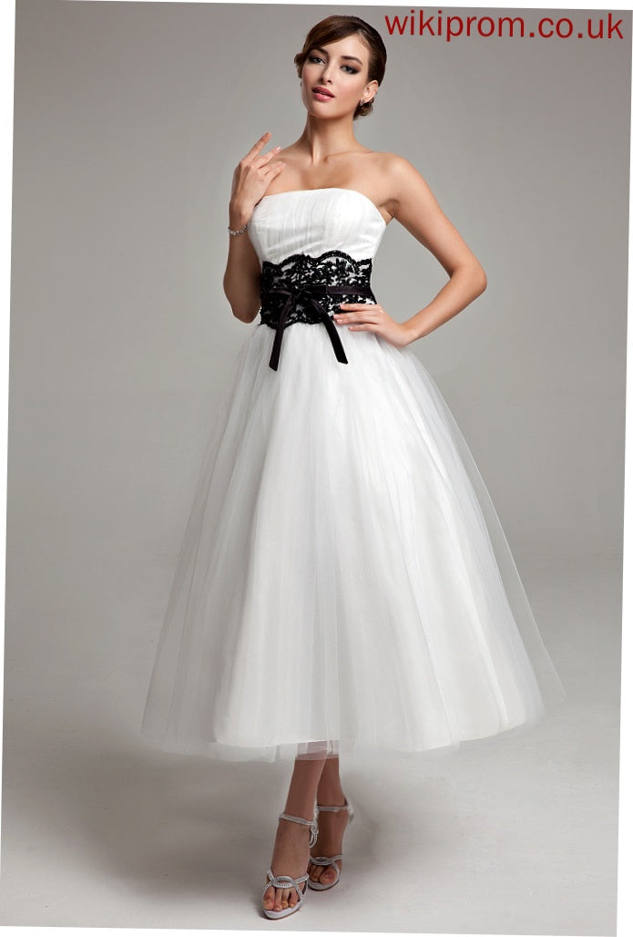 Beading Ball-Gown/Princess Strapless With Tea-Length Tulle Wedding Bow(s) Satin Piper Sash Dress Lace Wedding Dresses