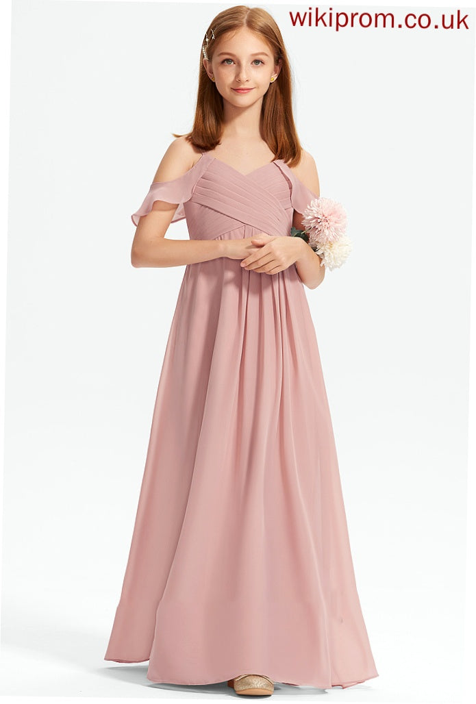 Cascading A-Line Off-the-Shoulder Carleigh Chiffon With Floor-Length Ruffles Junior Bridesmaid Dresses