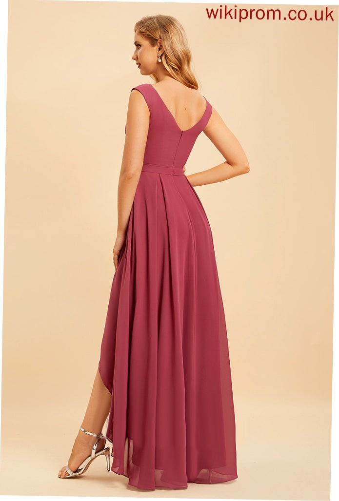 A-Line V-neck Length Fabric Silhouette Asymmetrical Embellishment Ruffle Neckline Kendal Natural Waist Spandex Bridesmaid Dresses