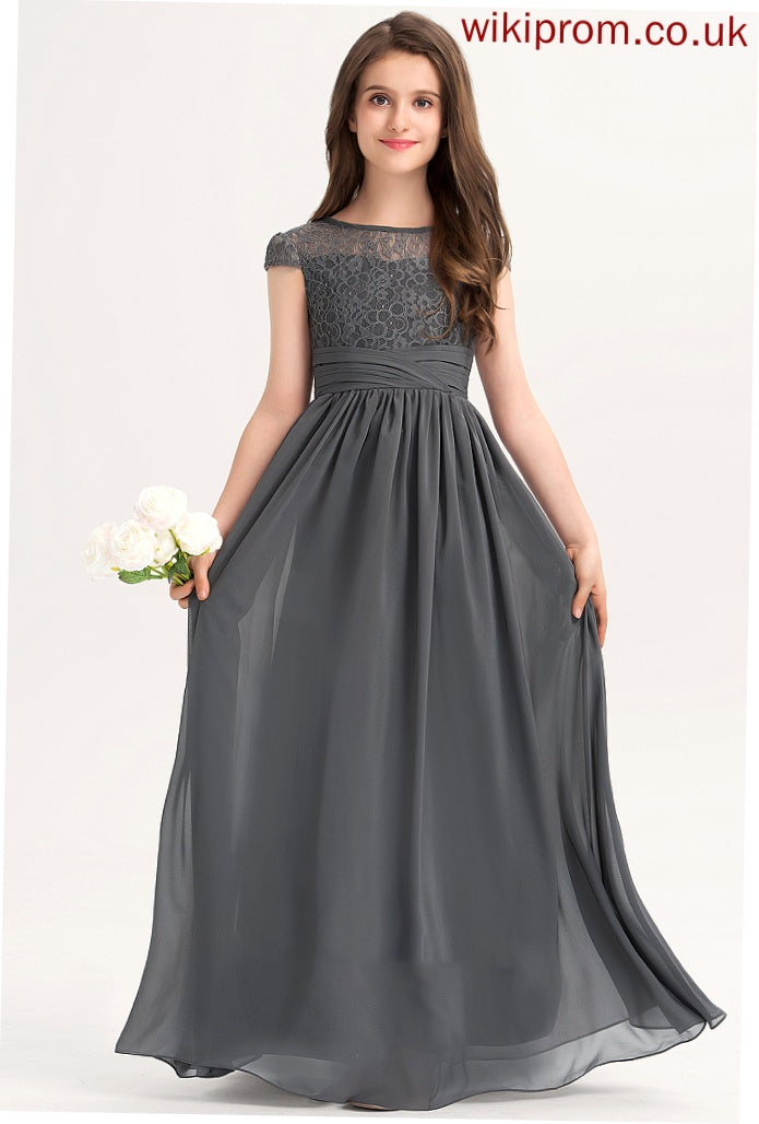 With Rayna Floor-Length Neck Chiffon Scoop Ruffle A-Line Lace Junior Bridesmaid Dresses