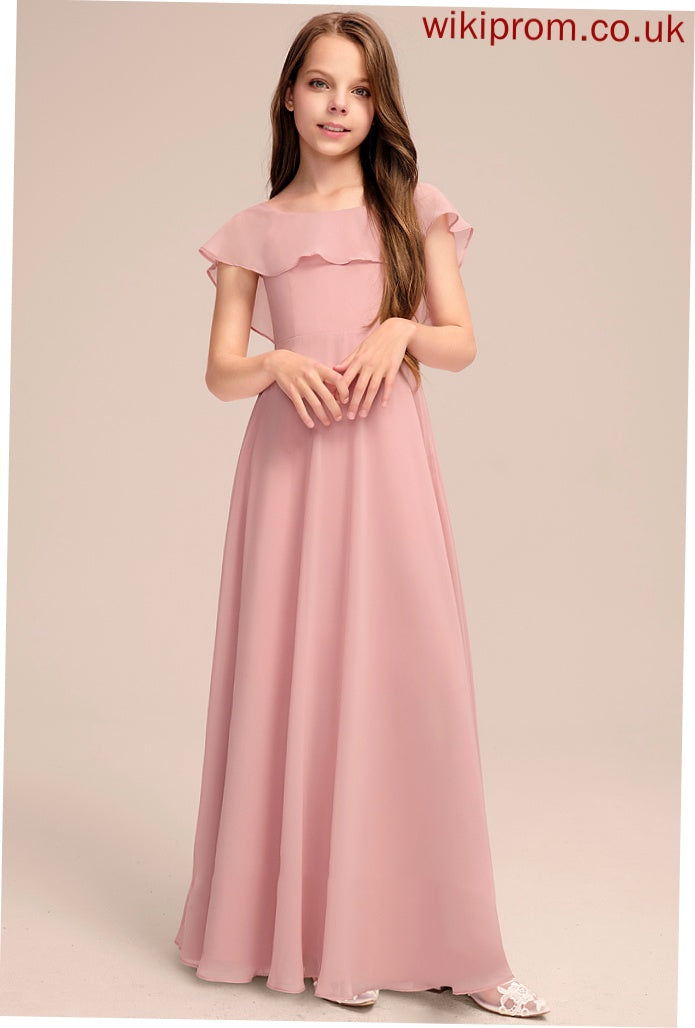 Chiffon Floor-Length Junior Bridesmaid Dresses Henrietta Ruffles A-Line With Scoop Neck Cascading