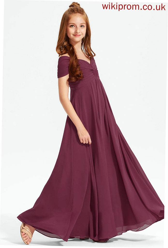 A-Line Floor-Length Phyllis Ruffle Off-the-Shoulder Chiffon Junior Bridesmaid Dresses With