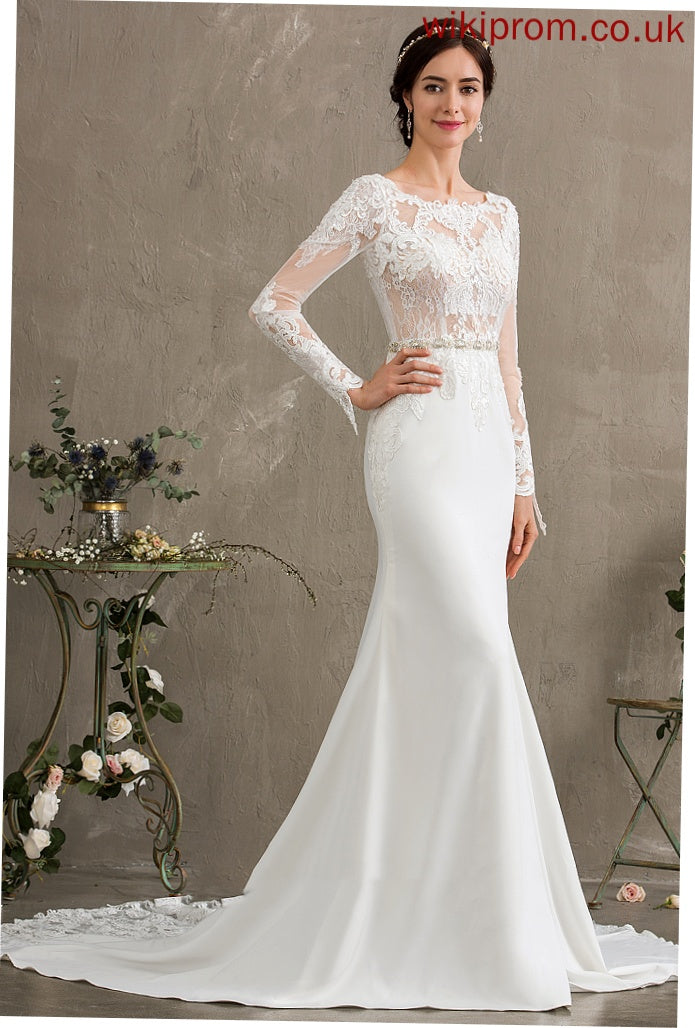 Sequins Dress Train Trumpet/Mermaid Lace Wedding Dresses Crepe Scoop Stretch Chapel Wedding Neck With Beading Willow