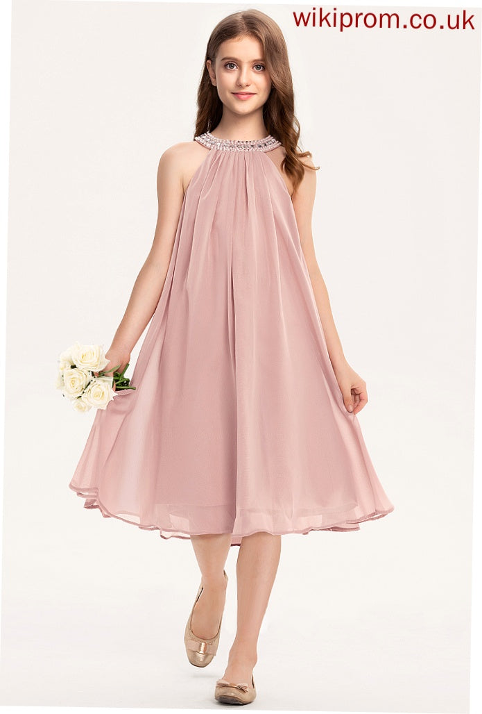 Chiffon A-Line Junior Bridesmaid Dresses Scoop Beading With Haven Knee-Length Sequins Neck