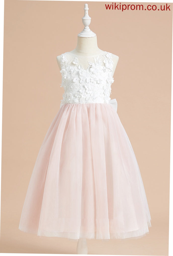 Lace/Flower(s)/Bow(s) Sleeveless Tulle A-Line Flower Girl Dresses Girl Flower With Tea-length Elianna - Dress Neck Scoop