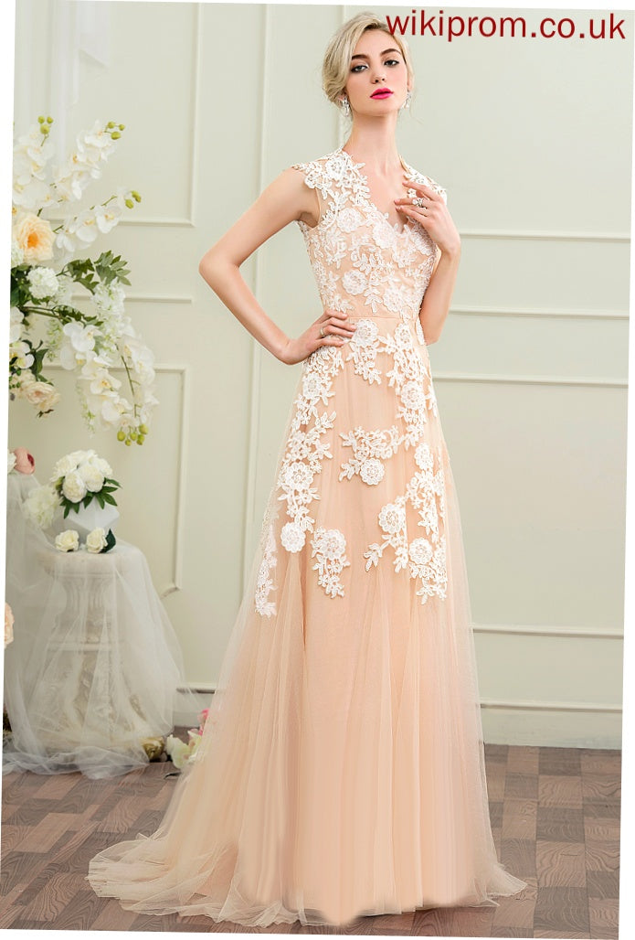 Wedding Dresses Train Wedding Tulle V-neck Macey Dress A-Line Sweep Lace