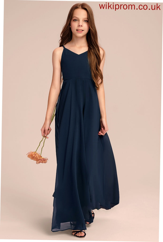 V-neck A-Line With Junior Bridesmaid Dresses Floor-Length Leanna Bow(s) Chiffon