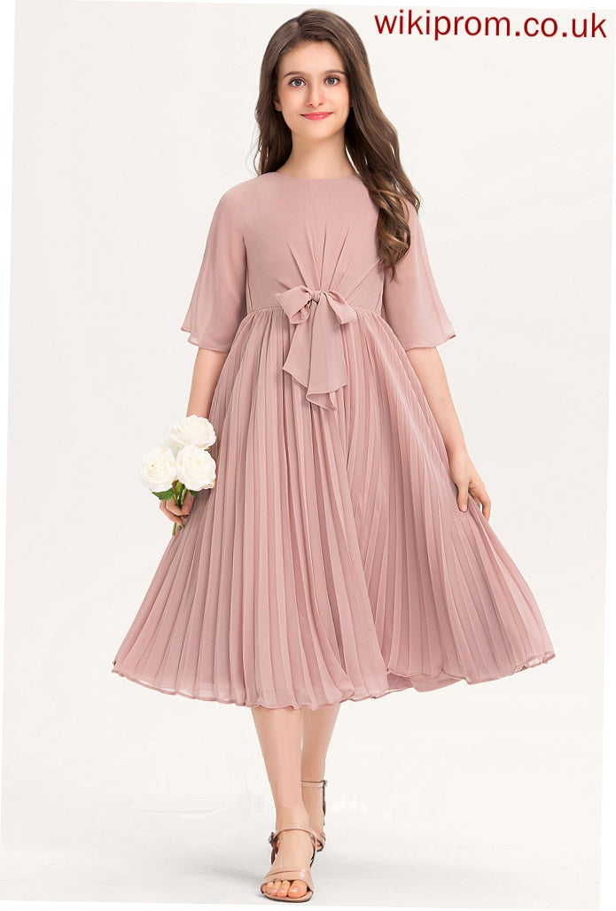 Pleated Knee-Length With Junior Bridesmaid Dresses Scoop A-Line Bow(s) Chiffon Aisha Neck