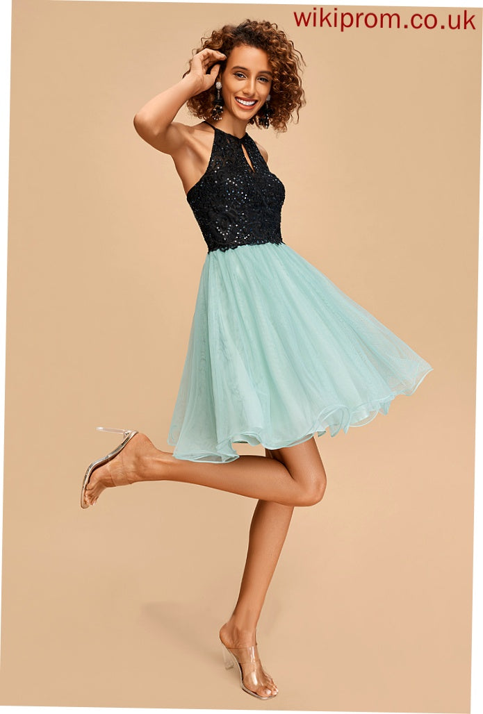 Carley With Sequins Tulle Homecoming A-Line Scoop Short/Mini Homecoming Dresses Neck Dress