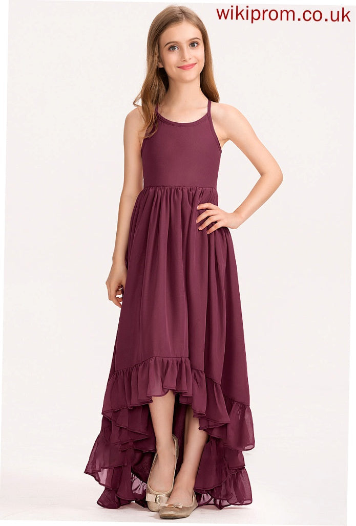 Bow(s) Cascading Scoop Chiffon With Muriel A-Line Asymmetrical Junior Bridesmaid Dresses Neck Ruffles