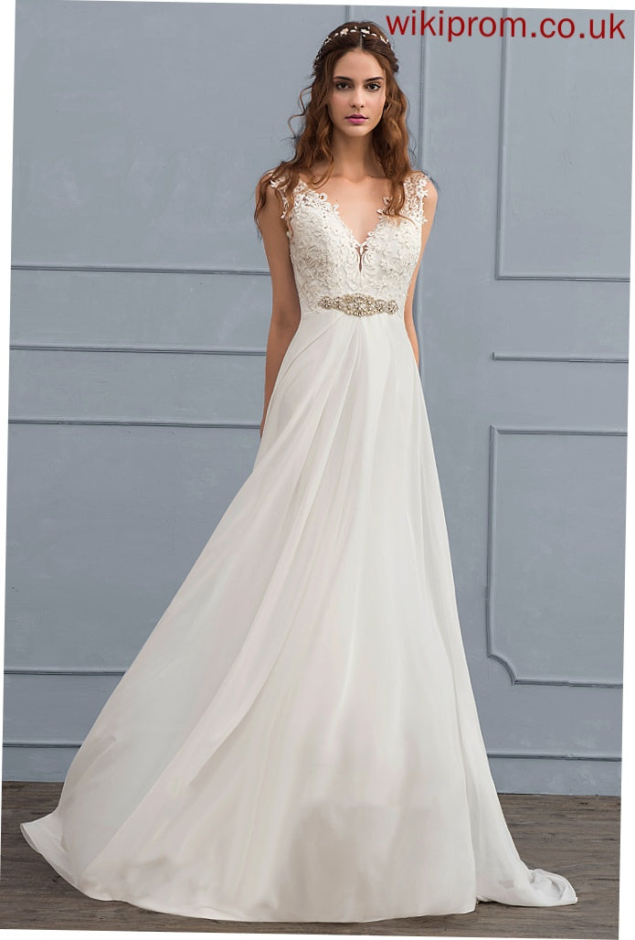 Beading Sequins Train Lace A-Line Court Dress Wedding Anabella V-neck Chiffon Wedding Dresses With