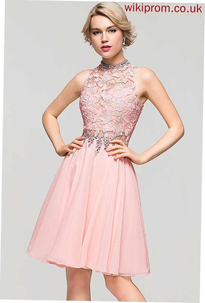 A-Line Homecoming With Sequins Chiffon Neck Dress Knee-Length Kelly Lace Homecoming Dresses Beading High