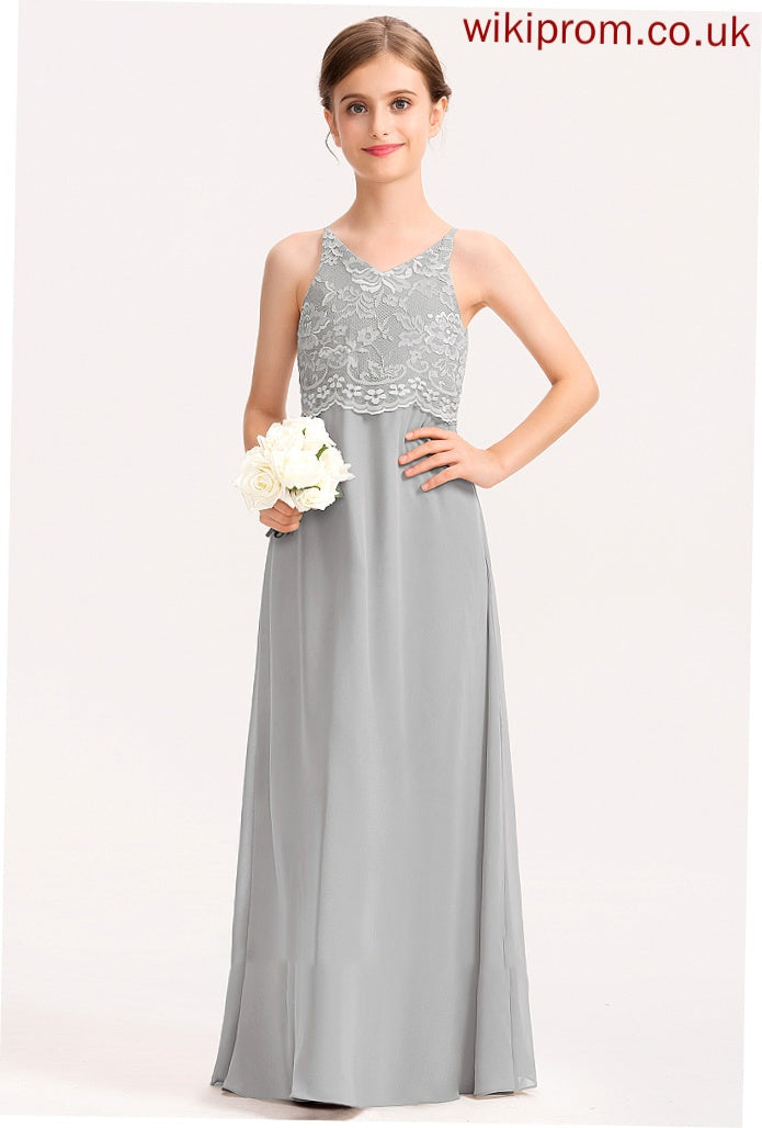 A-Line Junior Bridesmaid Dresses Lace Addyson Floor-Length Chiffon V-neck