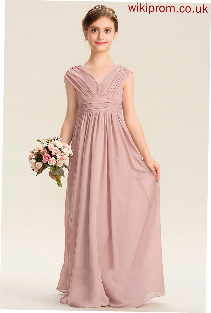 Junior Bridesmaid Dresses Floor-Length Chiffon With Bow(s) A-Line Mavis Ruffle V-neck