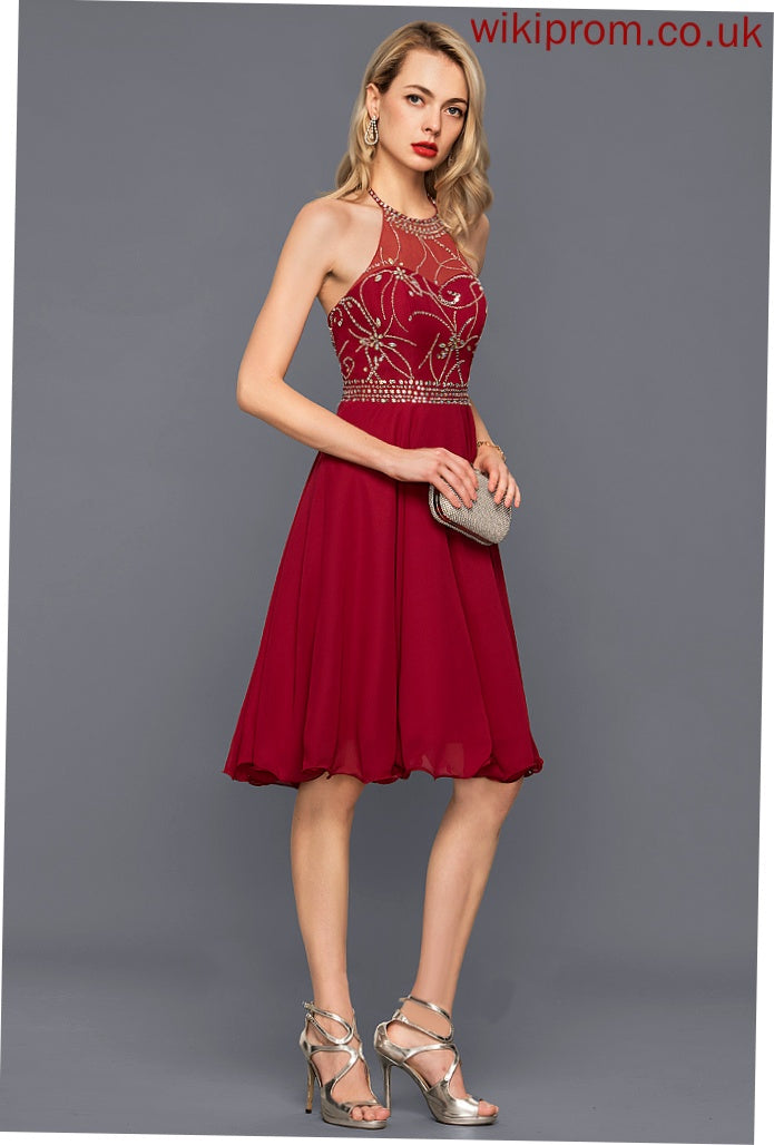 Knee-Length Cocktail With Dress A-Line Chiffon Halter Beading Sequins Karen Cocktail Dresses