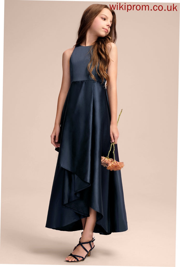 Neck Cascading A-Line Junior Bridesmaid Dresses Ruffles Satin With Asymmetrical Scoop Marina