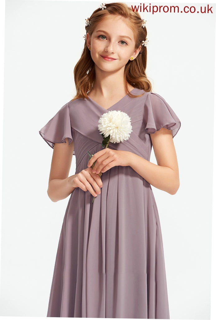 Sanaa Chiffon Junior Bridesmaid Dresses V-neck With Ruffle Floor-Length A-Line