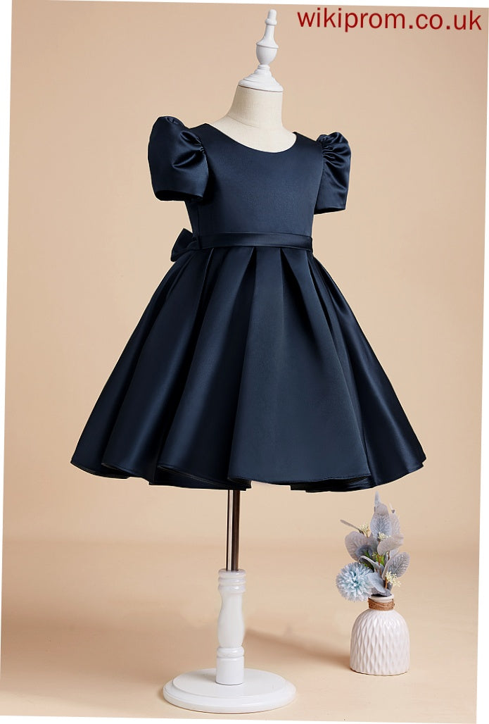 Scoop - Girl Flower Dress Flower Girl Dresses Satin Short Neck Knee-length Sleeves A-Line Savanna