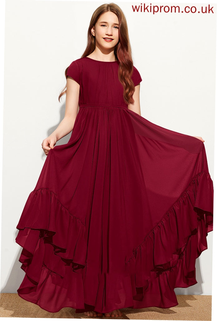 Ruffles Bow(s) Neck A-Line Junior Bridesmaid Dresses Chiffon Lace Floor-Length Appliques With Cascading Camilla Scoop